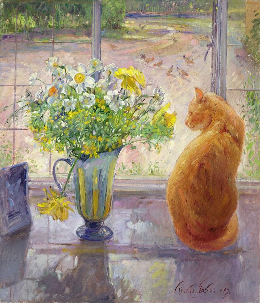 Cat and The Flowers - Fine Art Removable Wall Mural